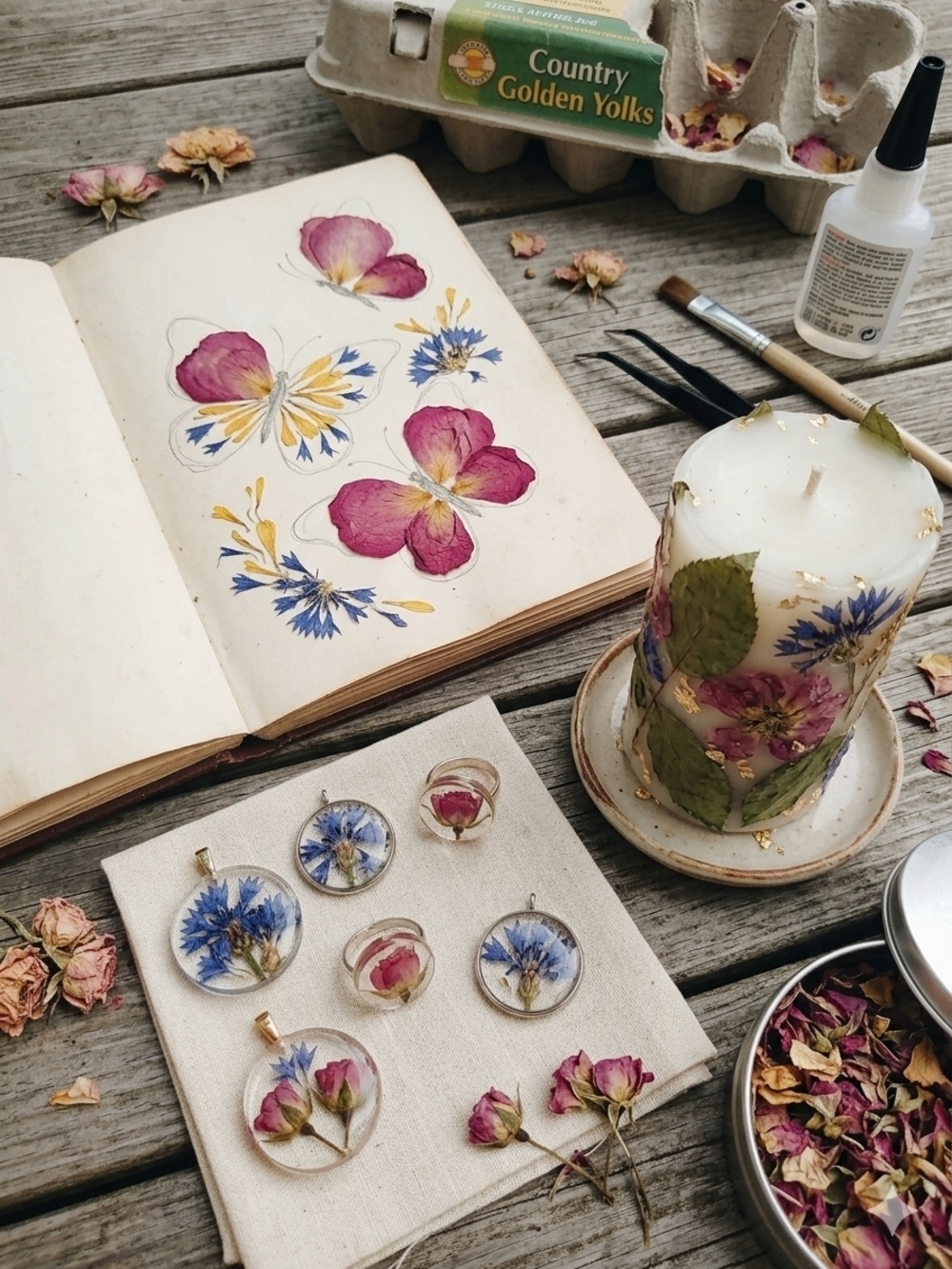 Pressed Flower Resin Jewelry Set — Pink & Blue Floral Pendants